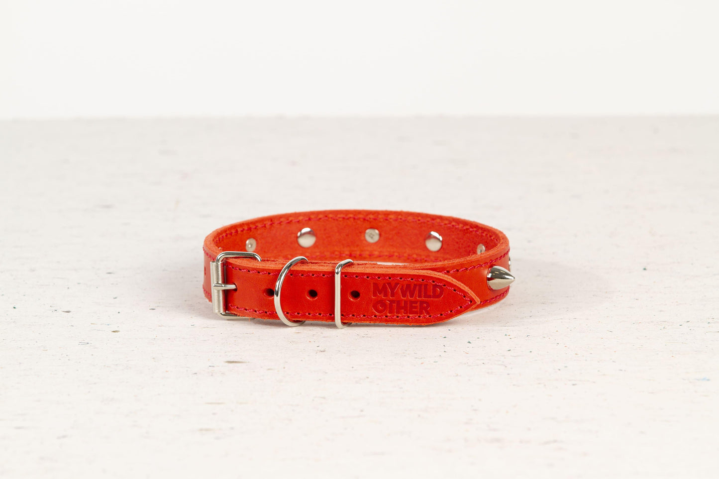 Handmade red leather STUDDED dog collar - premium dog goods handmade in Europe by My Wild Other