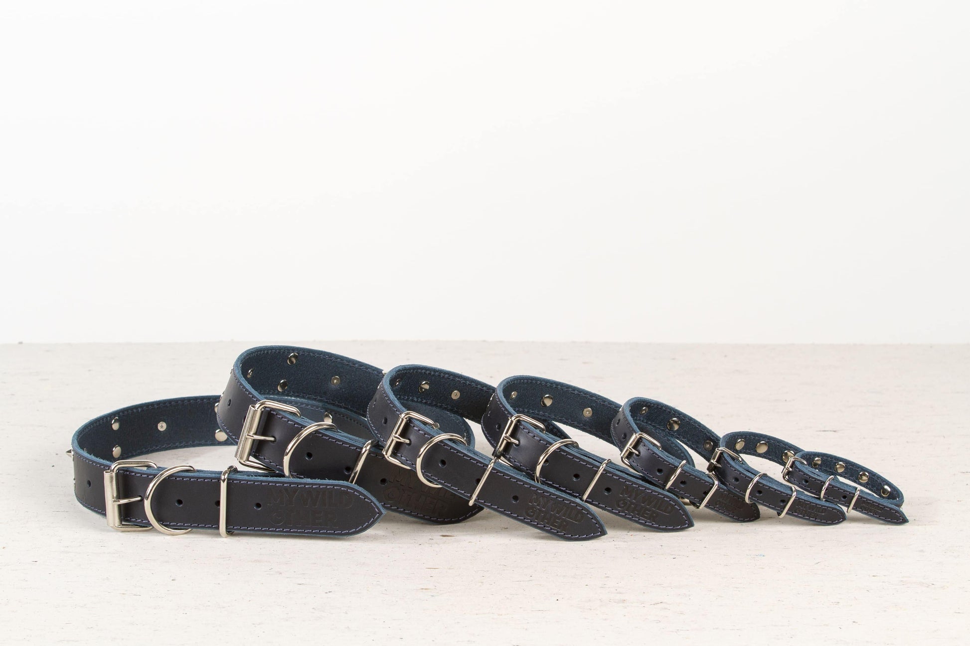 Handmade blue leather STUDDED dog collar - premium dog goods handmade in Europe by animalistus