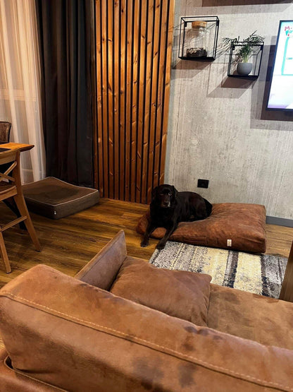 2-sided leather dog cushion bed. TAWNY BROWN - premium dog goods handmade in Europe by My Wild Other